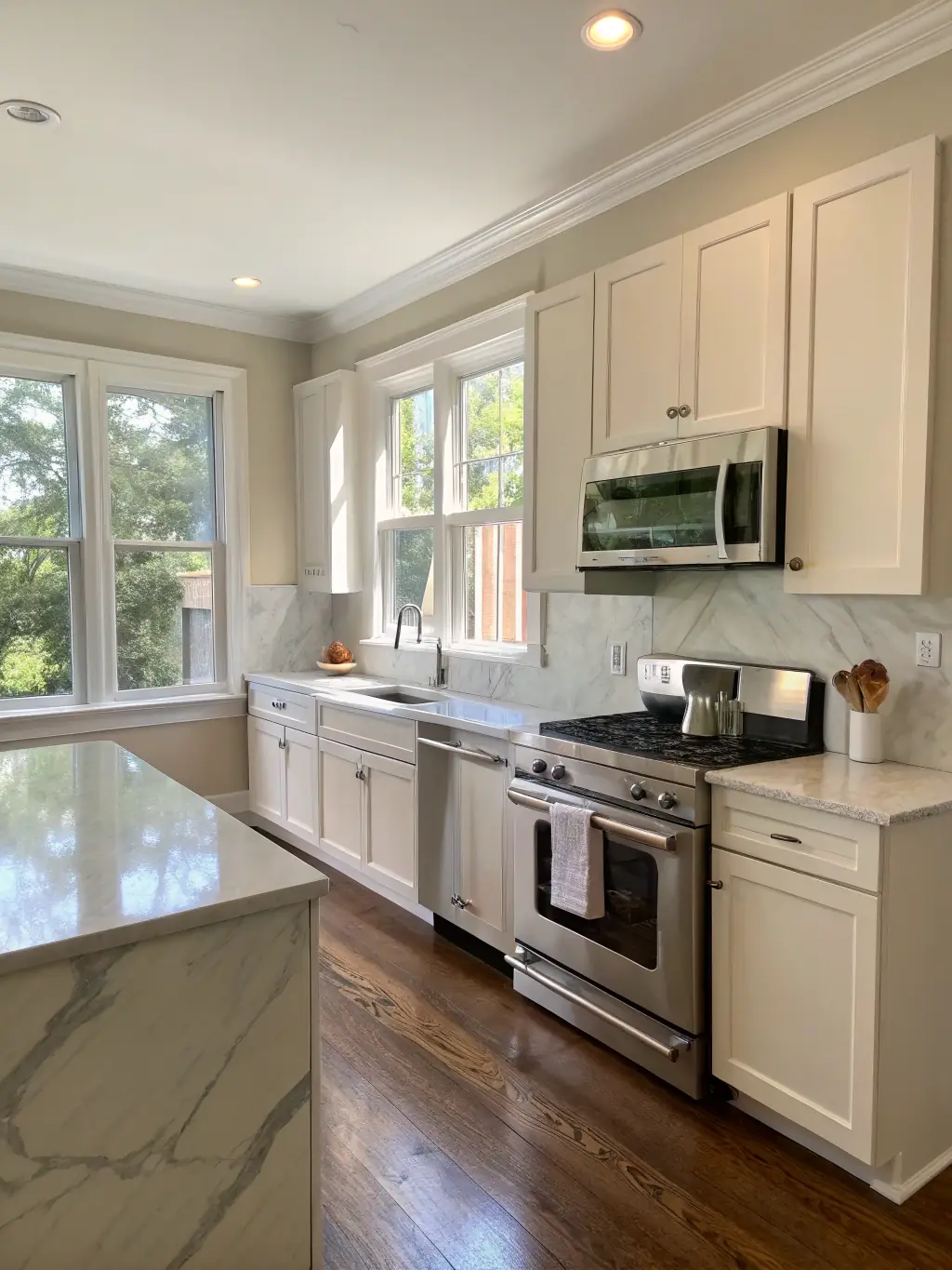 A brightly lit, renovated kitchen with stainless steel appliances, granite countertops, and custom cabinetry, showcasing MVR Construction & Remodeling's interior remodeling expertise.
