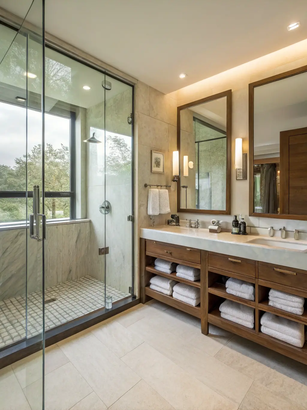 A luxurious, modern bathroom featuring a walk-in shower, elegant tiling, and contemporary fixtures, reflecting MVR Construction & Remodeling's commitment to quality.