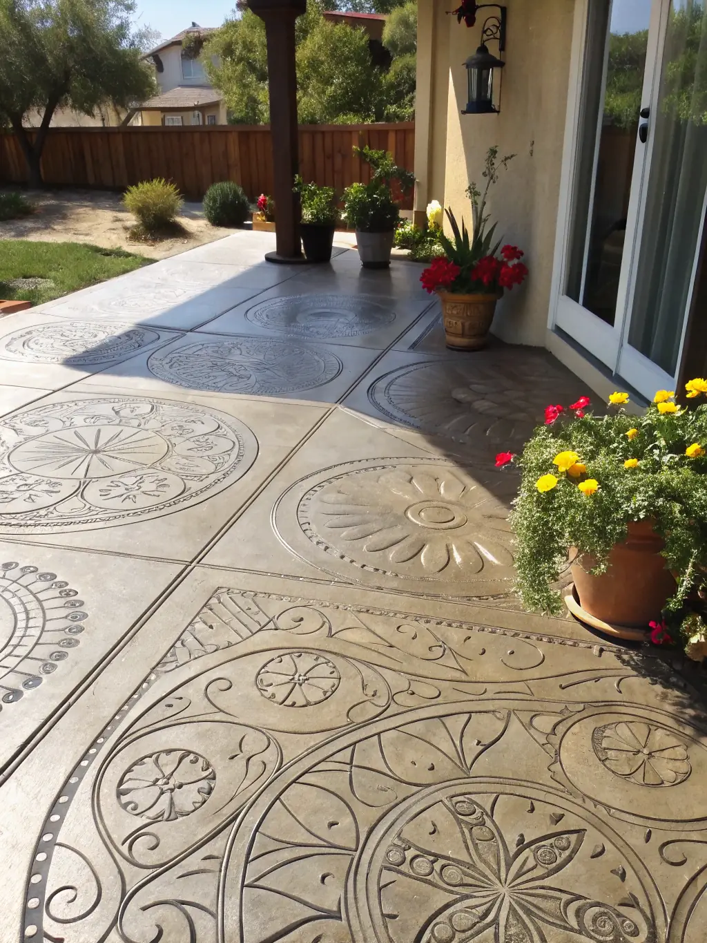 A newly constructed concrete patio with decorative stone veneer, highlighting MVR Construction & Remodeling's expertise in concrete and exterior work.