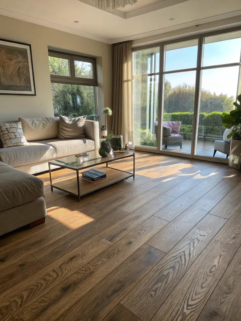 A room with newly installed hardwood flooring, showcasing the quality and precision of MVR Construction & Remodeling's flooring services.