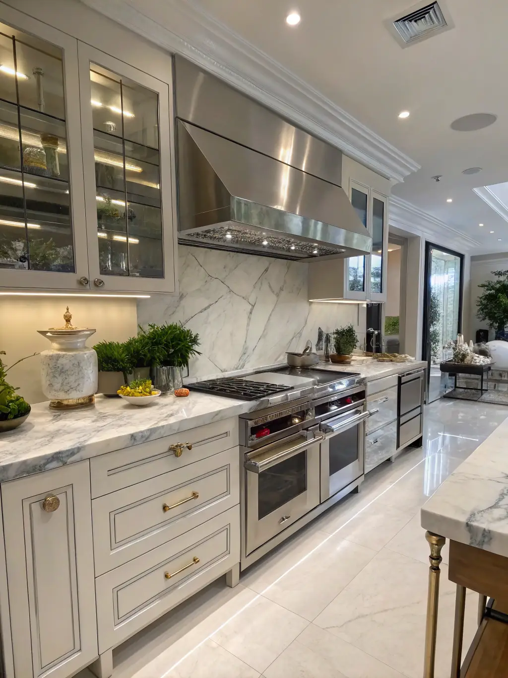 A modern kitchen with white cabinets, stainless steel appliances, and a marble countertop, showcasing a recent kitchen remodeling project by MVR Construction & Remodeling.