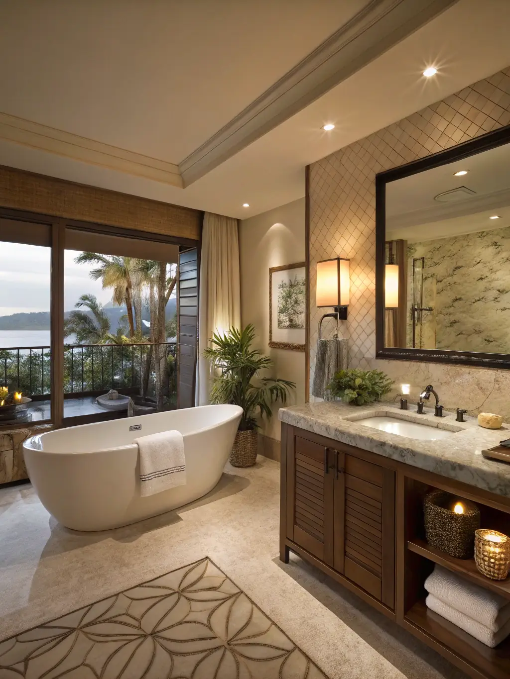 A luxurious bathroom featuring a soaking tub, a glass-enclosed shower, and elegant tile work, representing MVR Construction & Remodeling's bathroom renovation capabilities.